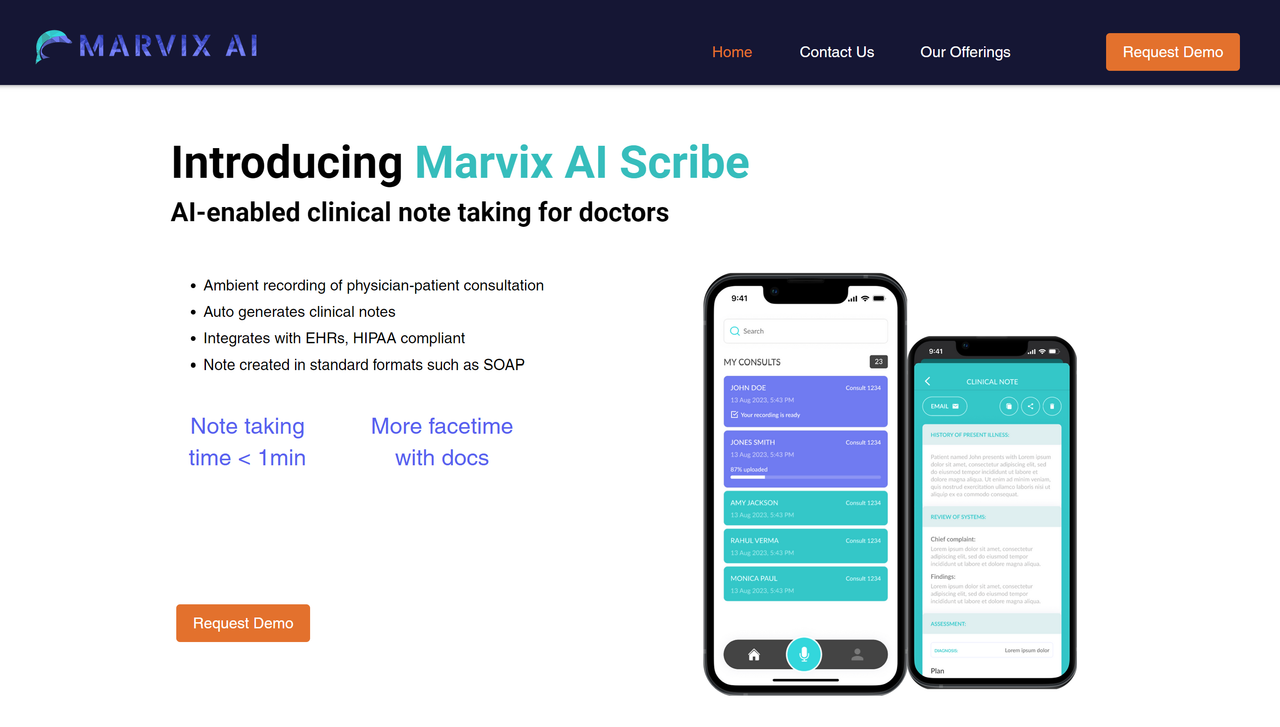 Screenshot of Marvix AI's website landing page, an AI scribe