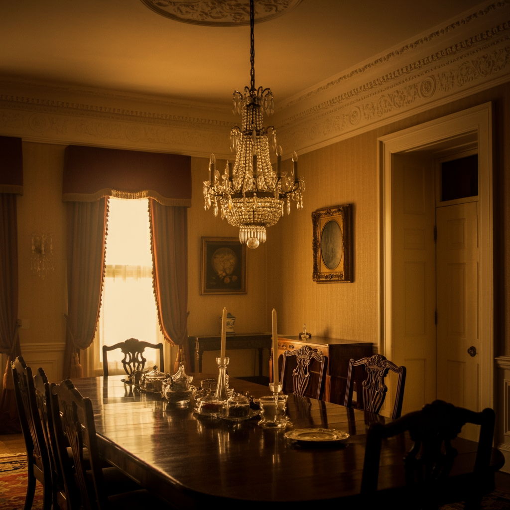 A photographic style image of An elegant formal dining room with original crown molding and a crystal chandelier, bathed in warm afternoon light. high focus, sharp, lots of bright light, extra bright, highly detailed, high quality, dslr, film grain, fujifilm XT3, RAW photo, RAW candid cinema, color graded porta 400, depth of field, hyper realistic, natural-looking, expressive, textured skin, texture, 8k, photorealistic