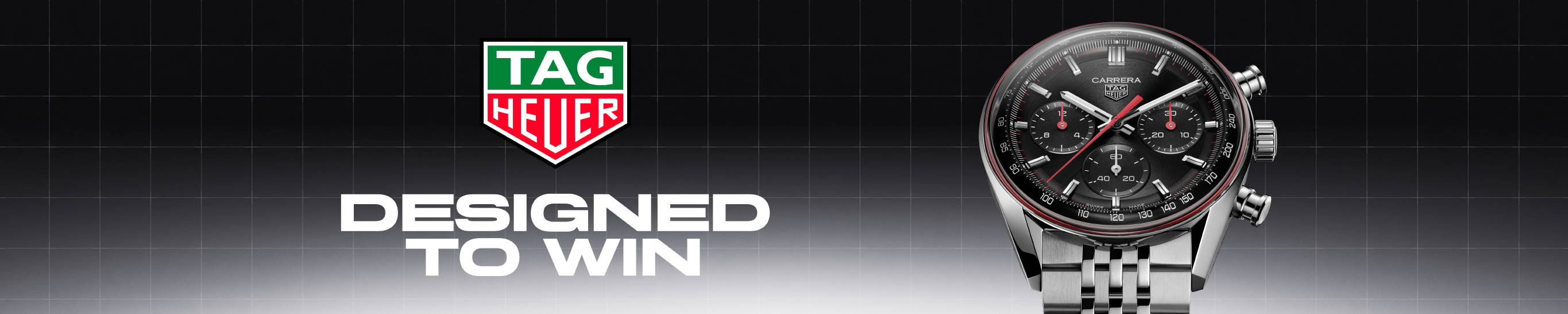 Tag Heuer watch with 'Designed to Win' text on a black background