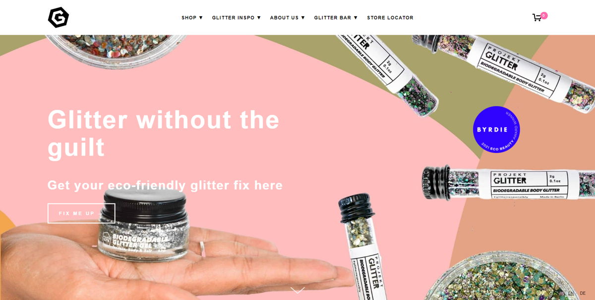 Screenshot of Projekt Glitter, from the squarespace ecommerce examples collection.