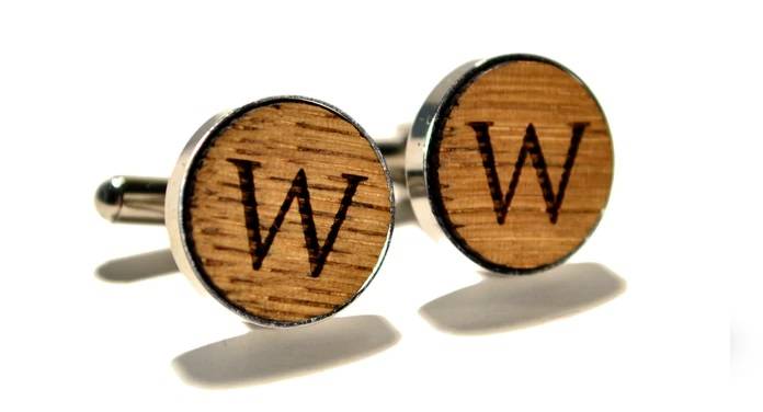 a pair of cufflinks made from high-quality wood and metal, wooden surface that customizable engrave initial name is the best 5th Anniversary Gift