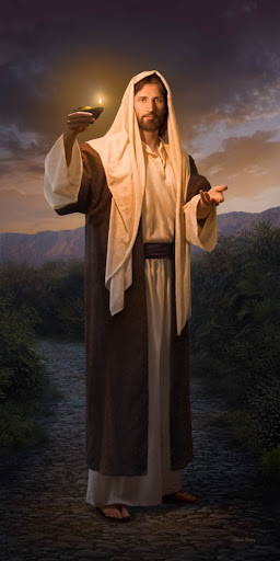Tall, vertical painting of Jesus standing on a path holding up a glowing oil lamp and beckoning for the viewer to follow. 