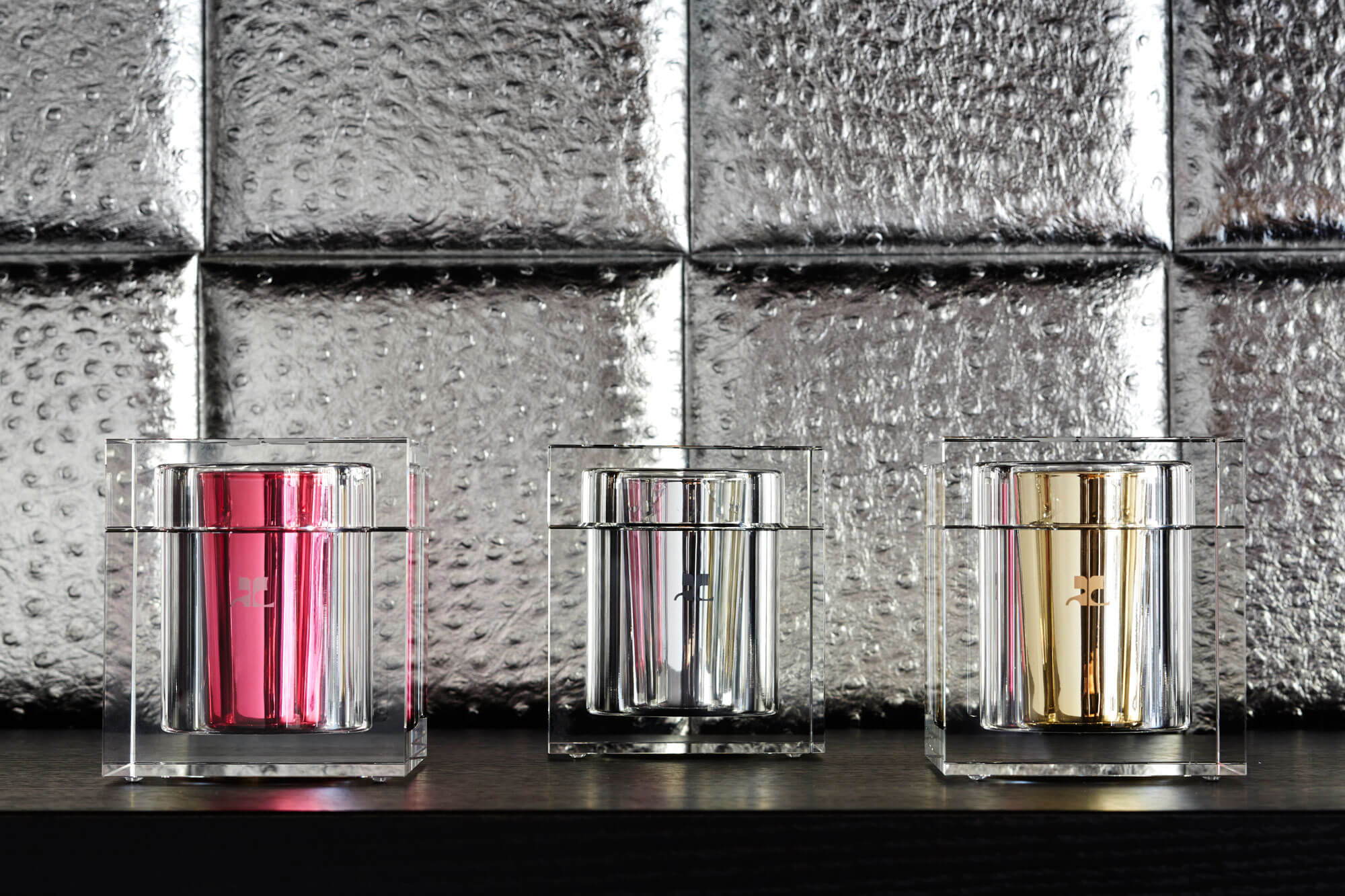 limited edition cobranding courreges by Welton London, scented candles made in France, cubic design, unique pieces of crystals