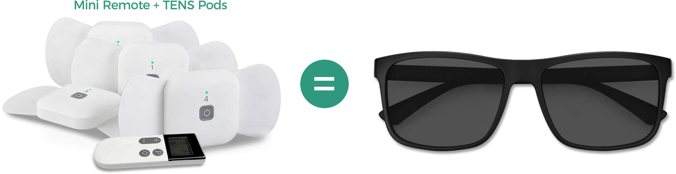Wellue Cable-Free TENS therapy pods and mini remote shown next to a pair of sunglasses to illustrate lightweight, portable design