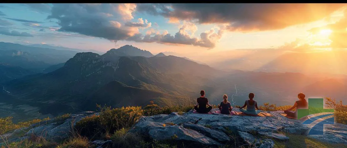 Travel nurses practicing yoga on a serene mountaintop at sunrise.