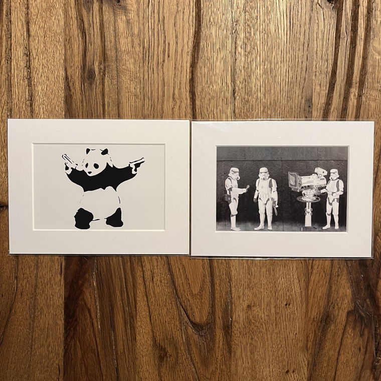 2 banksy prints 10x15cm + small frame