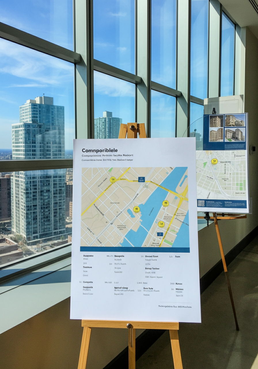 A comprehensive comparable sales report displayed in a Streeterville condominium with floor-to-ceiling windows. The document highlights recent transactions in similar buildings, with key metrics like price per square foot, days on market, and special features clearly marked. A map showing the proximity of comparable properties to the subject unit sits alongside the report.