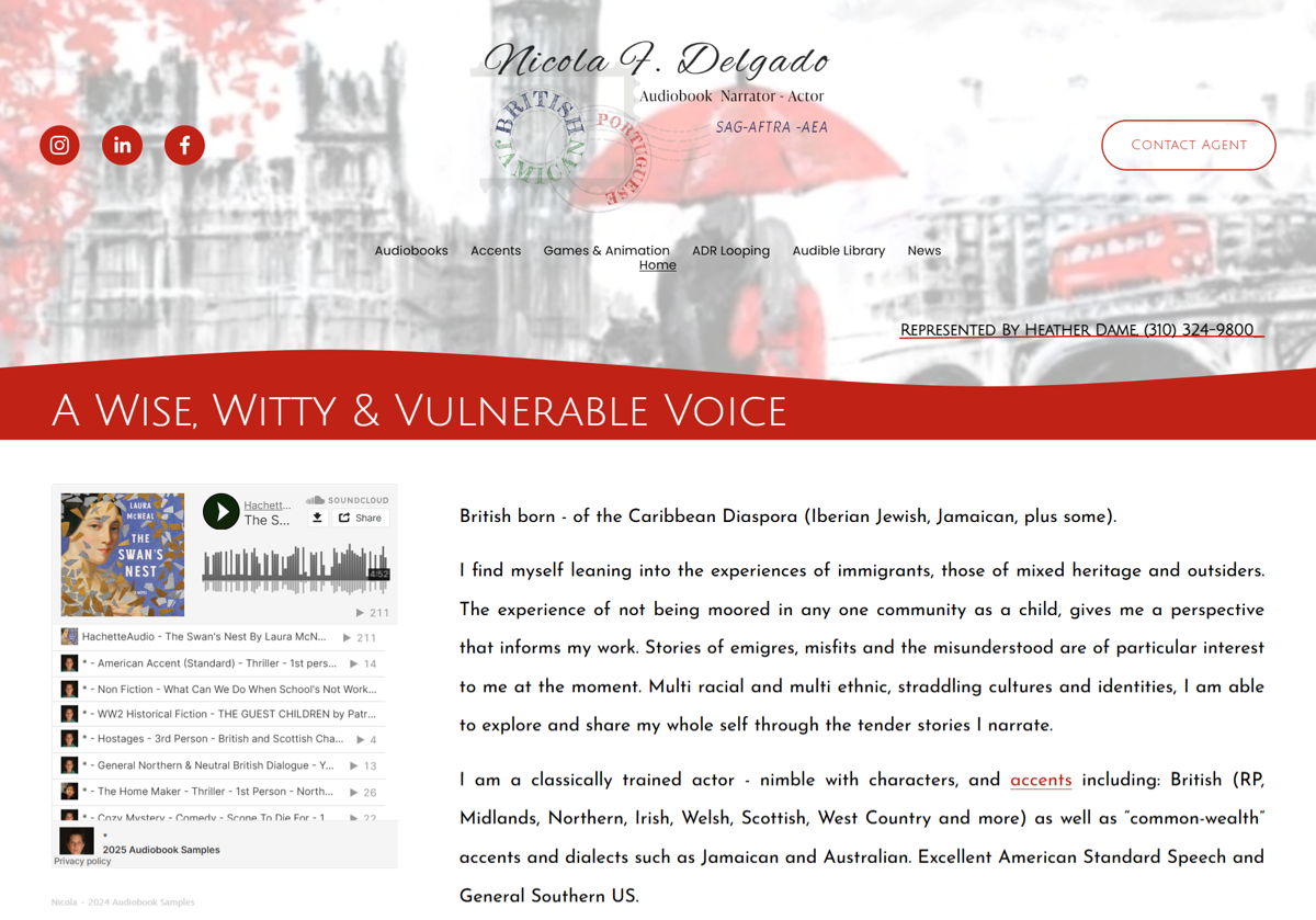 Screenshot of Nicola Delgado, from the voice actor portfolios collection.