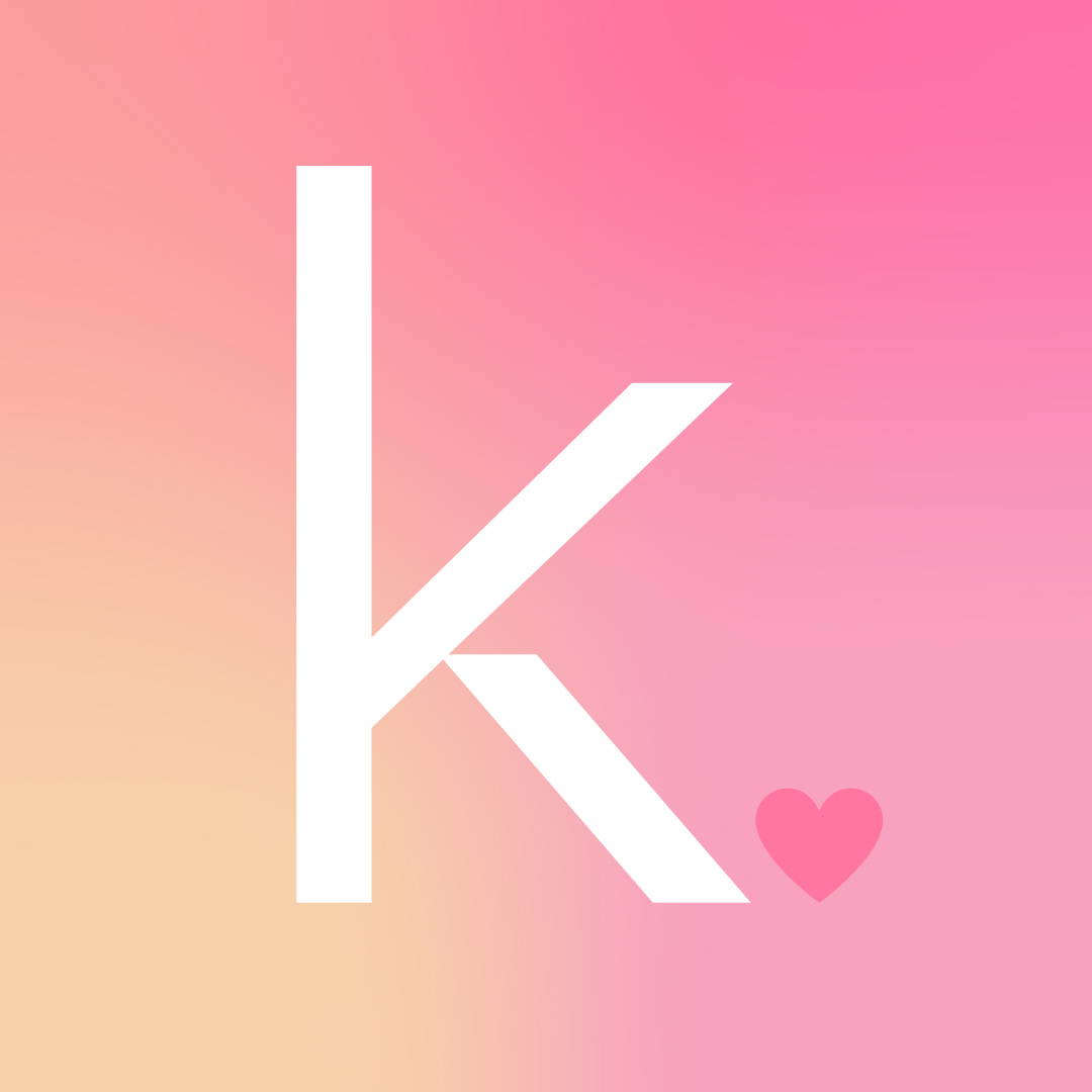 Black K logo of Korean Skincare with a pink heart on a pink to yellow gradient