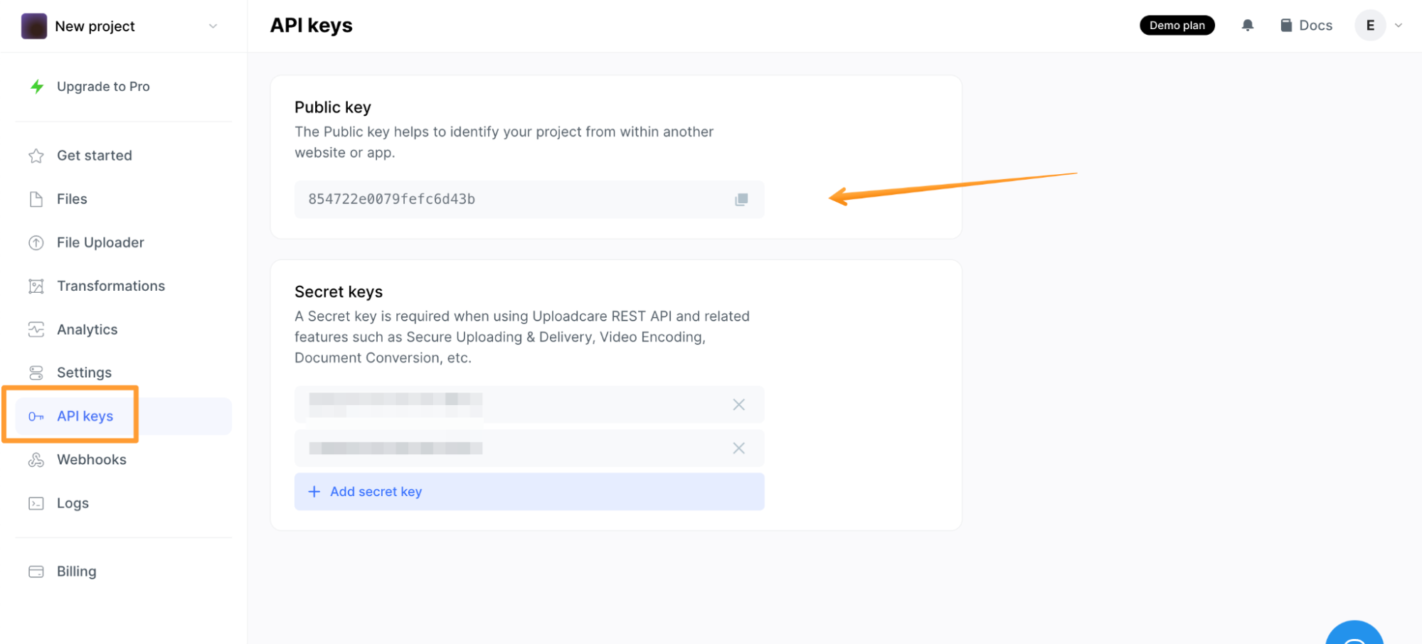 Copying the Uploadcare public key