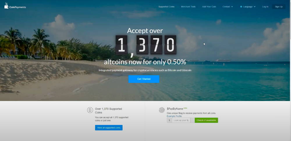 The main page of Coinpayments cryptocurrency payment gateway