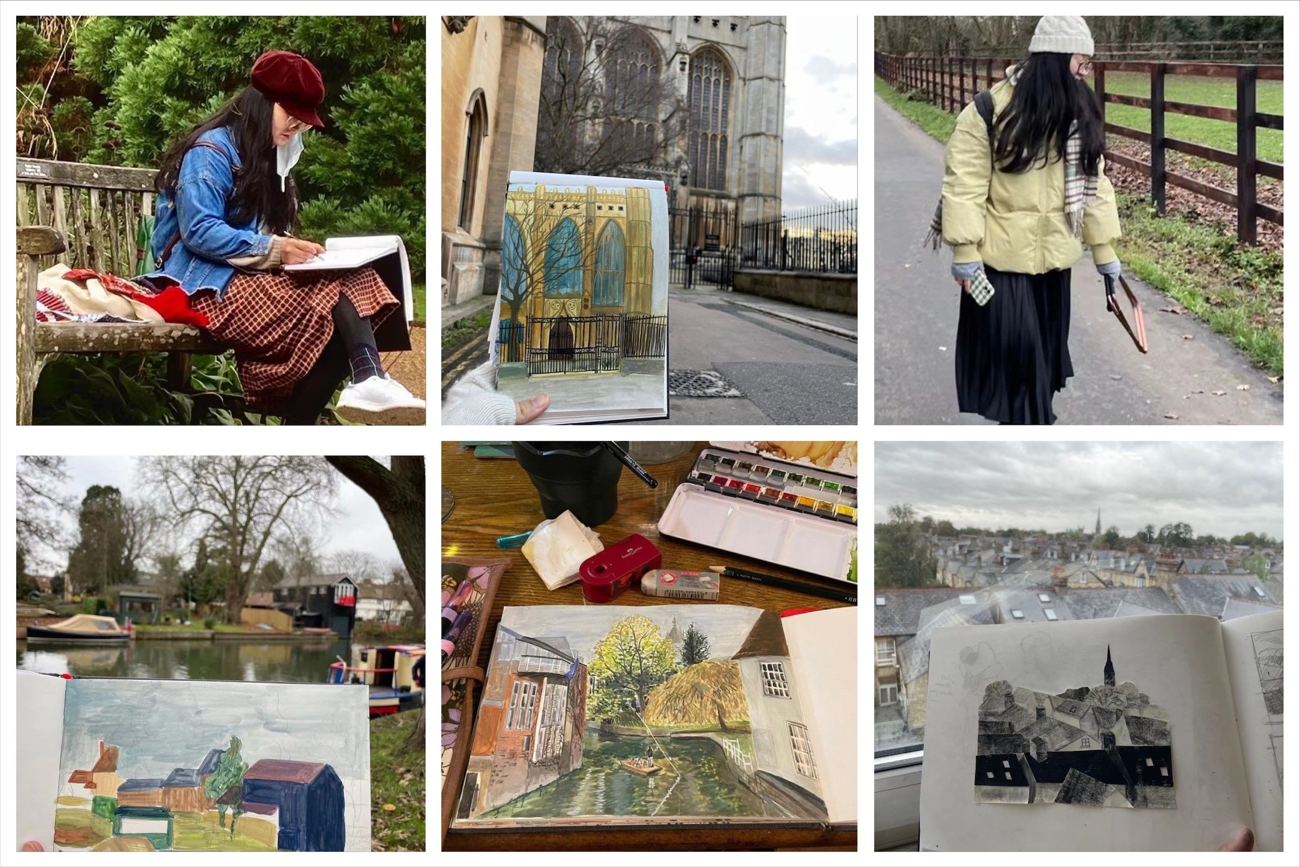 A collage of photos of a young woman sketching in Cambridge