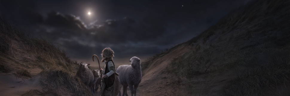 A shepherd boy looks up into the night sky at the star. 
