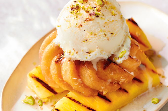 Grilled Pineapple and Doughnuts with Spiced Rum Syrup