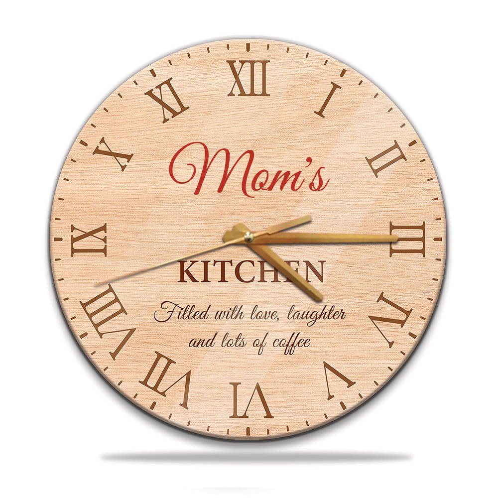 A circle wall clock printed name, and the phrase "Kitchen Filled With Love, Laughter And Lots Of Coffee" in light color wood grain background