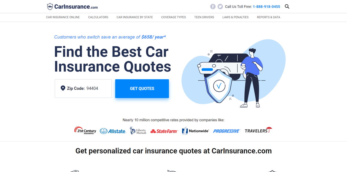 Screenshot of CarInsurance.com, from the insurance agent websites collection.