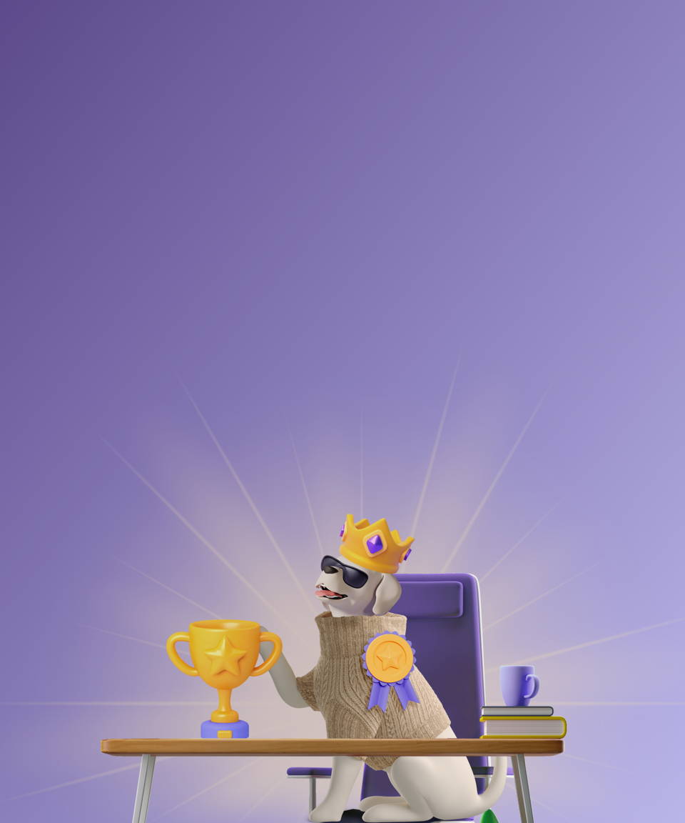 A dog wearing a sweater and a crown at a desk sitting in an office chair at a desk with a trophy for Confetti's Virtual Topdog Trivia