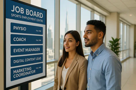 Two people look at a digital job board listing sports employment opportunities including Physio, Coach, and Marketing Coordinator in a bright office setting.