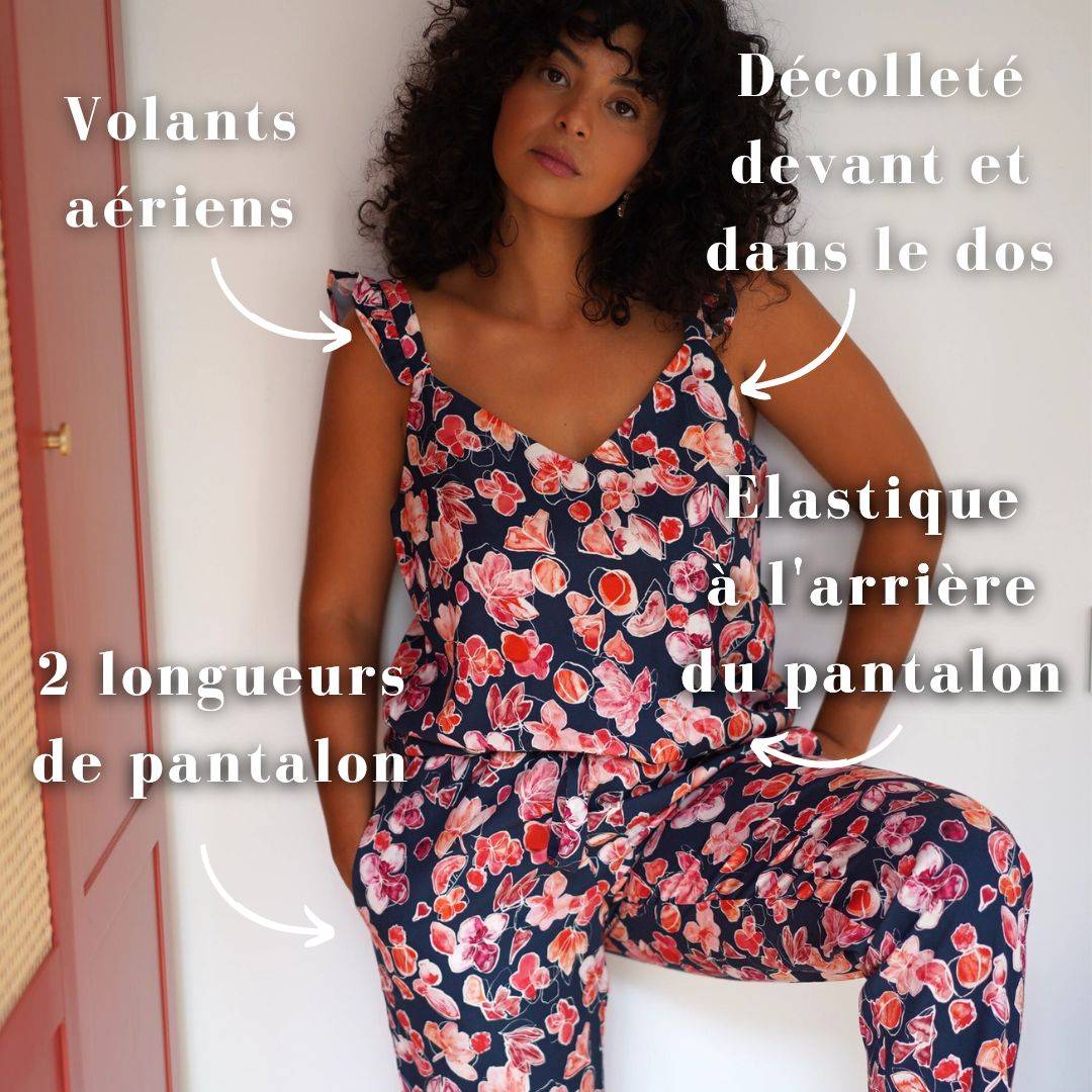 Nêge Paris - Pyjama Encore un Soir chemise pantalon bleu et rouge en tencel lyocell
