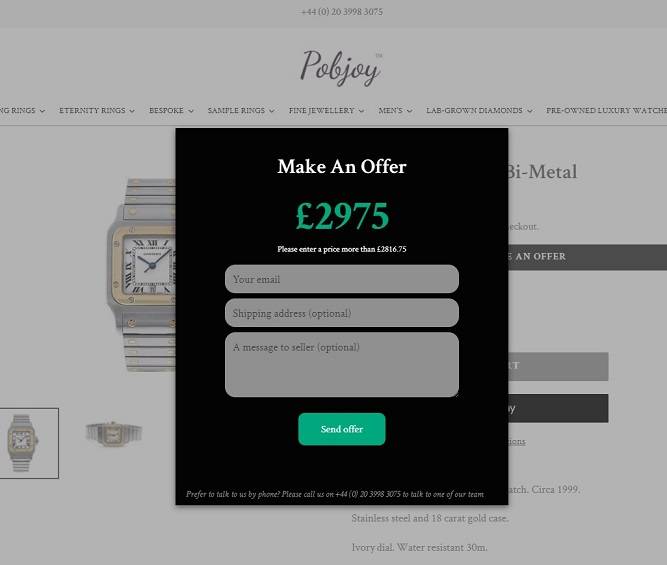 Tag Heuer, Cartier, Longines, Ebel, Rolex luxury pre-owned watches - Pobjoy in Surrey UK  - make an offer feature