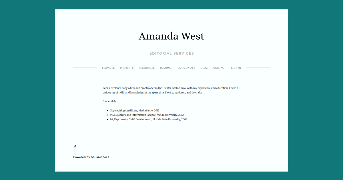 Screenshot of Amanda West, from the content editor & proofreader portfolios collection.