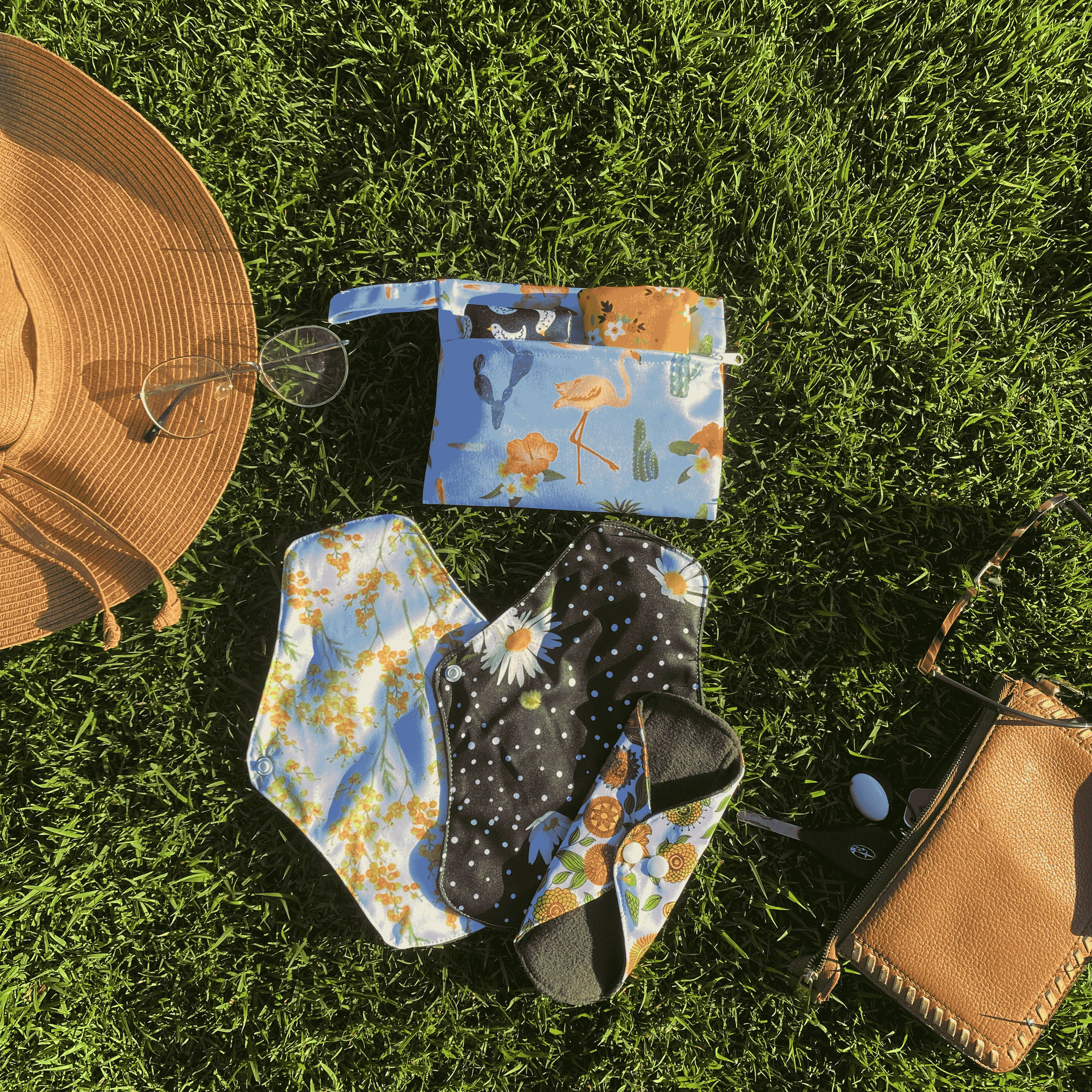 Flow Co.'s Reusable Period Pads in patterns Bellis, Bloom, and Caribe