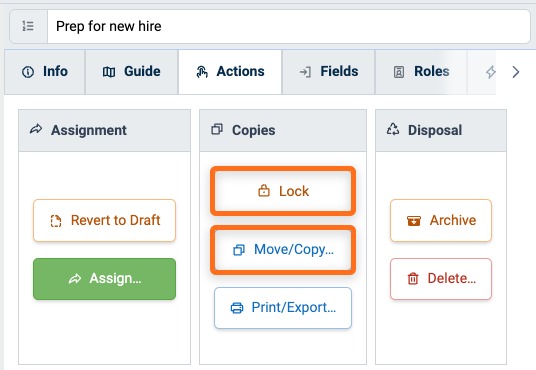 Lock and Move/Copy buttons in the Copies panel of the Procedure Actions tab