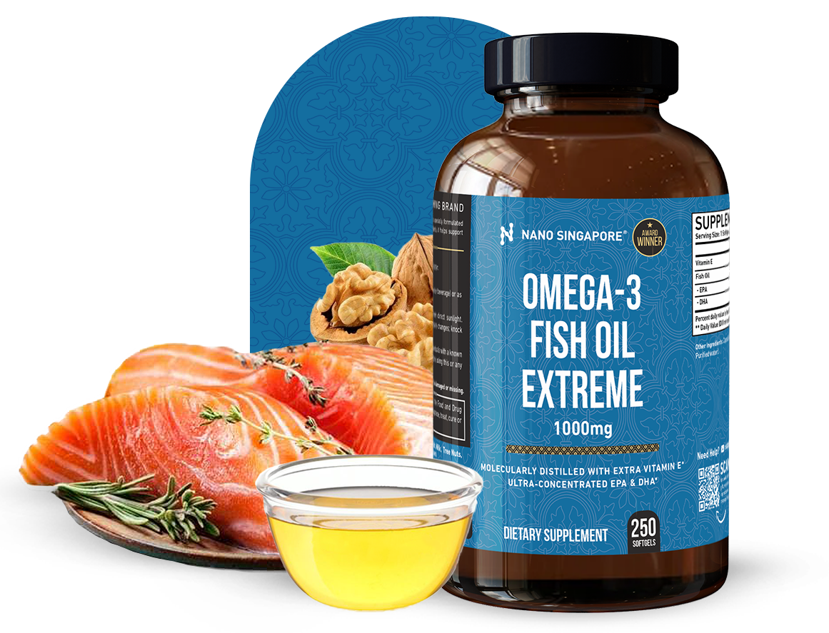A bottle of the best fish oil supplements singapore surrounded by sources of Omega-3