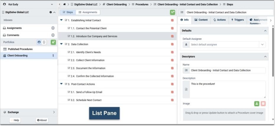 List pane displaying Procedures from a selected Portfolio
