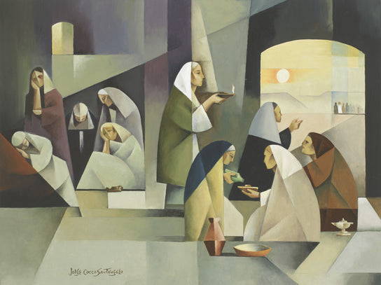 A geometric painting of the five foolish virgins and five wise virgins