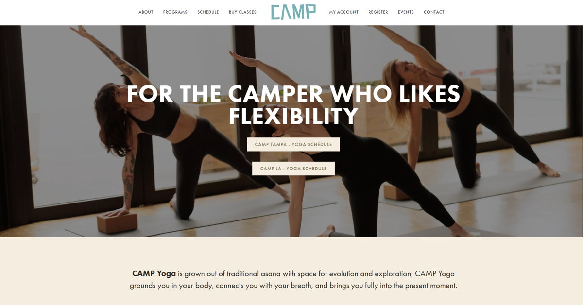 Screenshot of CAMP Yoga, from the squarespace yoga websites collection.