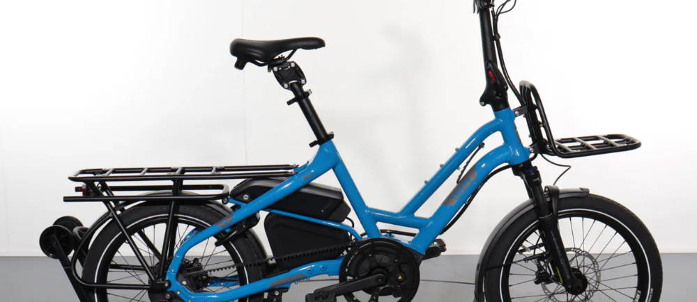 a blue Tern HSD S+ electric cargo bike