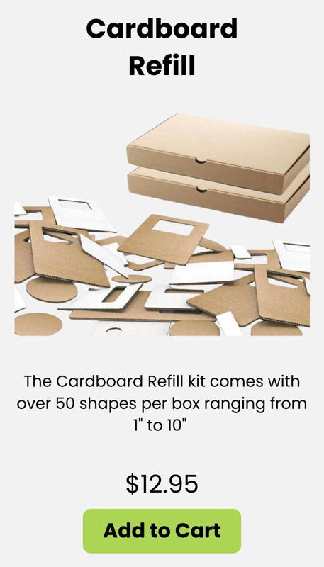 Cardboard Refill box with assorted 3DuxDesign die-cut cardboard shapes for classroom STEM projects hands-on building geometry activities and 3D modeling for PreK–12.