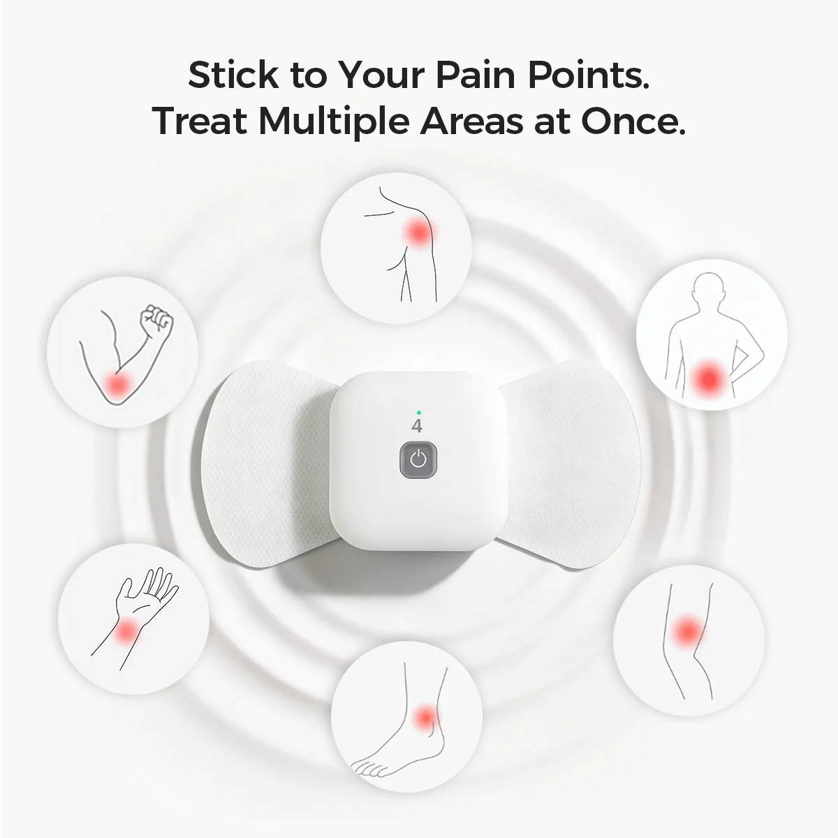肩、背中、膝、手首、肘、足首など、複数の痛みの部位を強調表示するアイコンで囲まれたワイヤレス Wellue TENS 療法ポッド