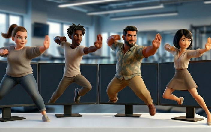 Four small people, like little action figures, doing fighting moves on a desk (in an office) with screens behind them. 
