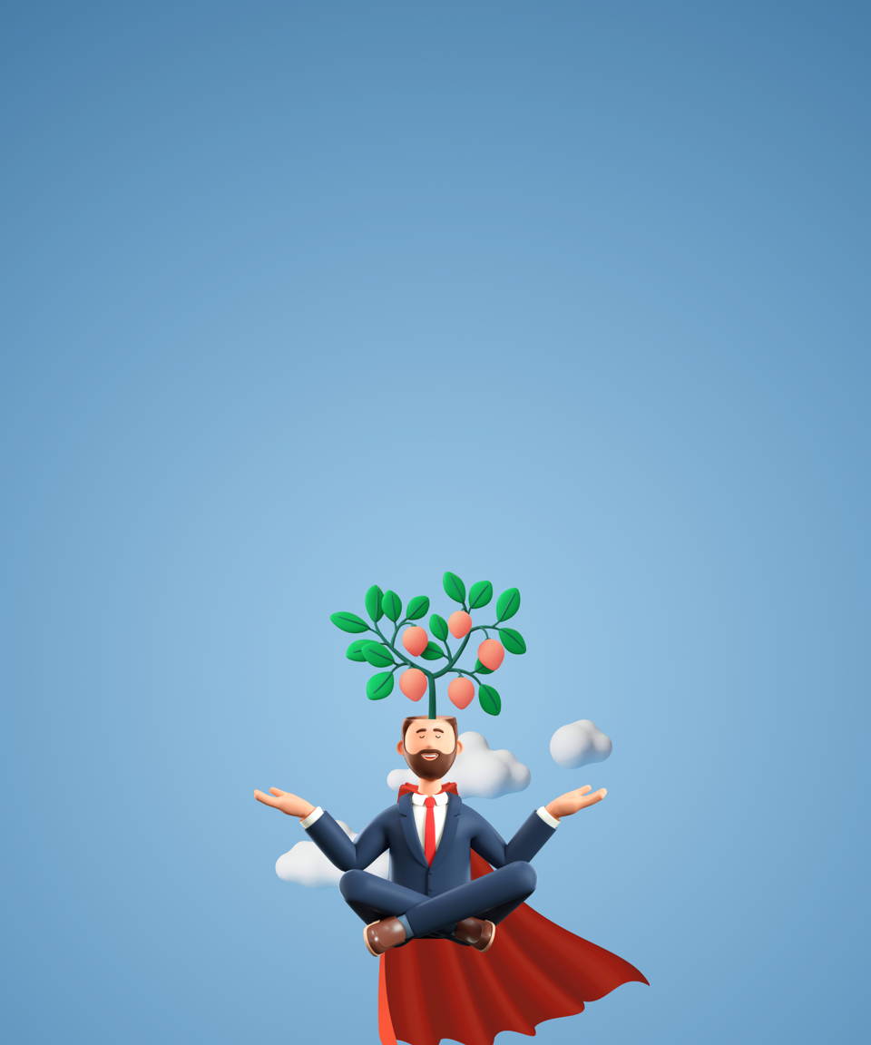 A business man sitting cross-legged with a tree sprouting out of his head, wearing a cape and floating in the clouds for Confetti's Virtual Mindful Leadership Workshop