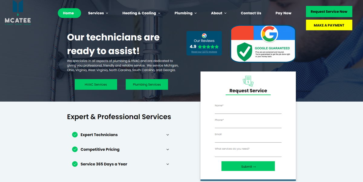 Screenshot of McAtee Plumbing Heating & Cooling, from the hvac websites collection.
