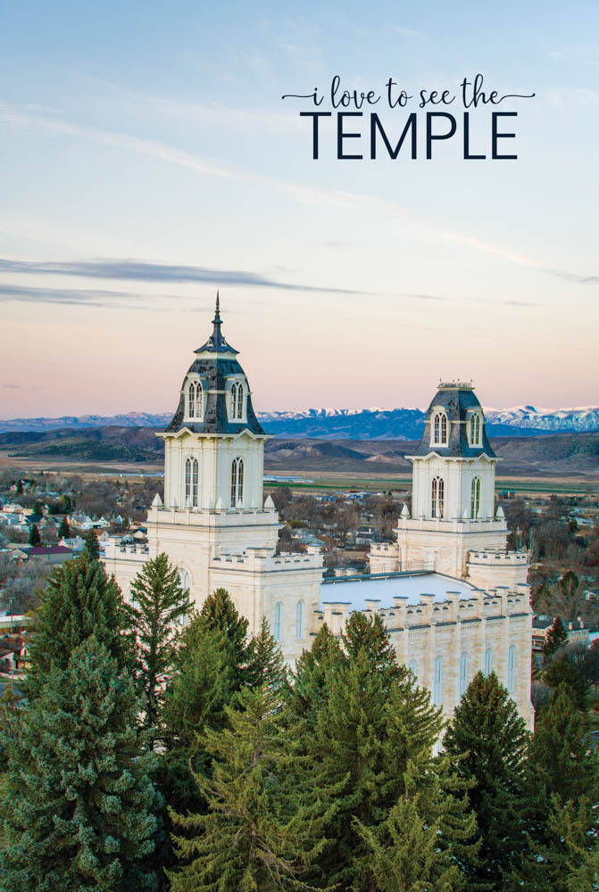 Poster of the Manti Temple steeples above the trees.
