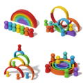 A Montessori Rainbow children's toy and four different variations of how pegs and arches can be stacked. 