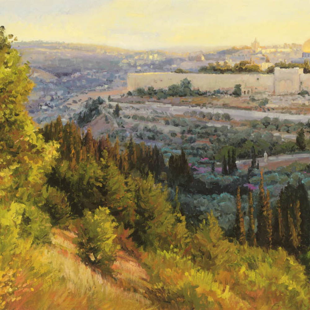 Landscape painting featuring ancient Jerusalem in the background. 