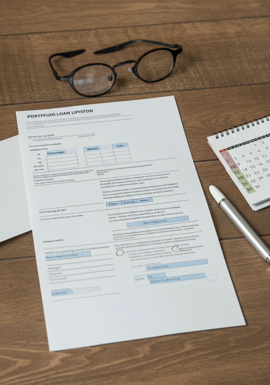 A portfolio loan application being processed for a historic Gold Coast condominium deemed non-warrantable due to ongoing litigation. The document shows higher interest rates but fewer building restrictions than conventional financing. A calendar nearby indicates a longer closing timeline typical of these specialized loans.