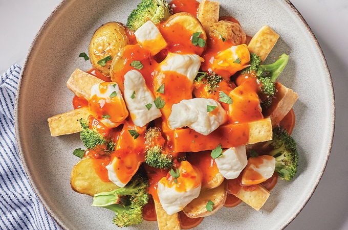 Sheet-Pan Poutine with Tofu and Red Pepper Sauce