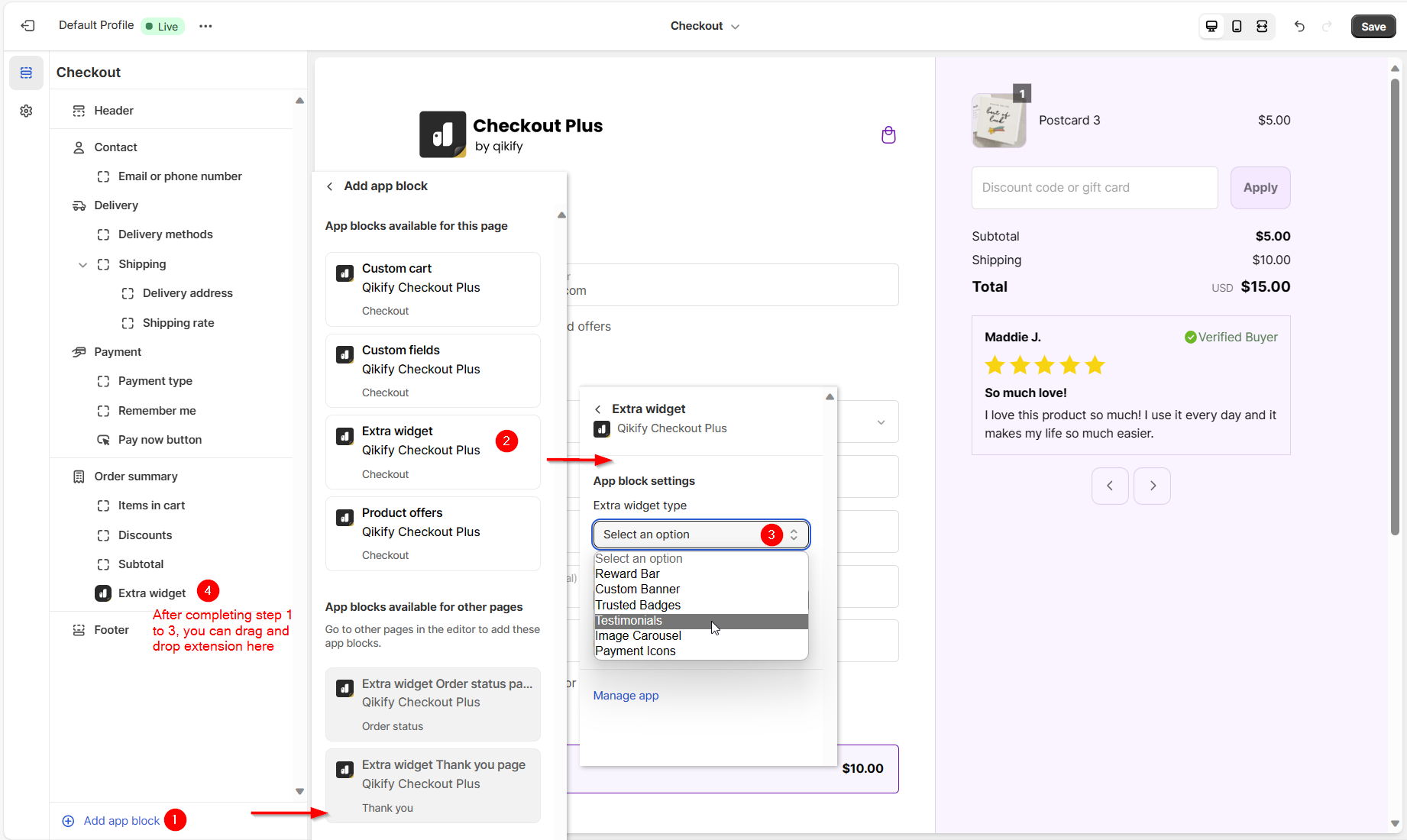 add reviews for testimonials extension in checkout page - shopify checkout customization app