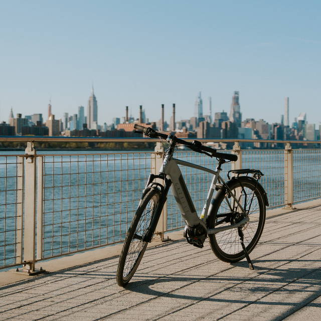 a Gazelle Ultimate C380+ electric bike in front of a city and a river