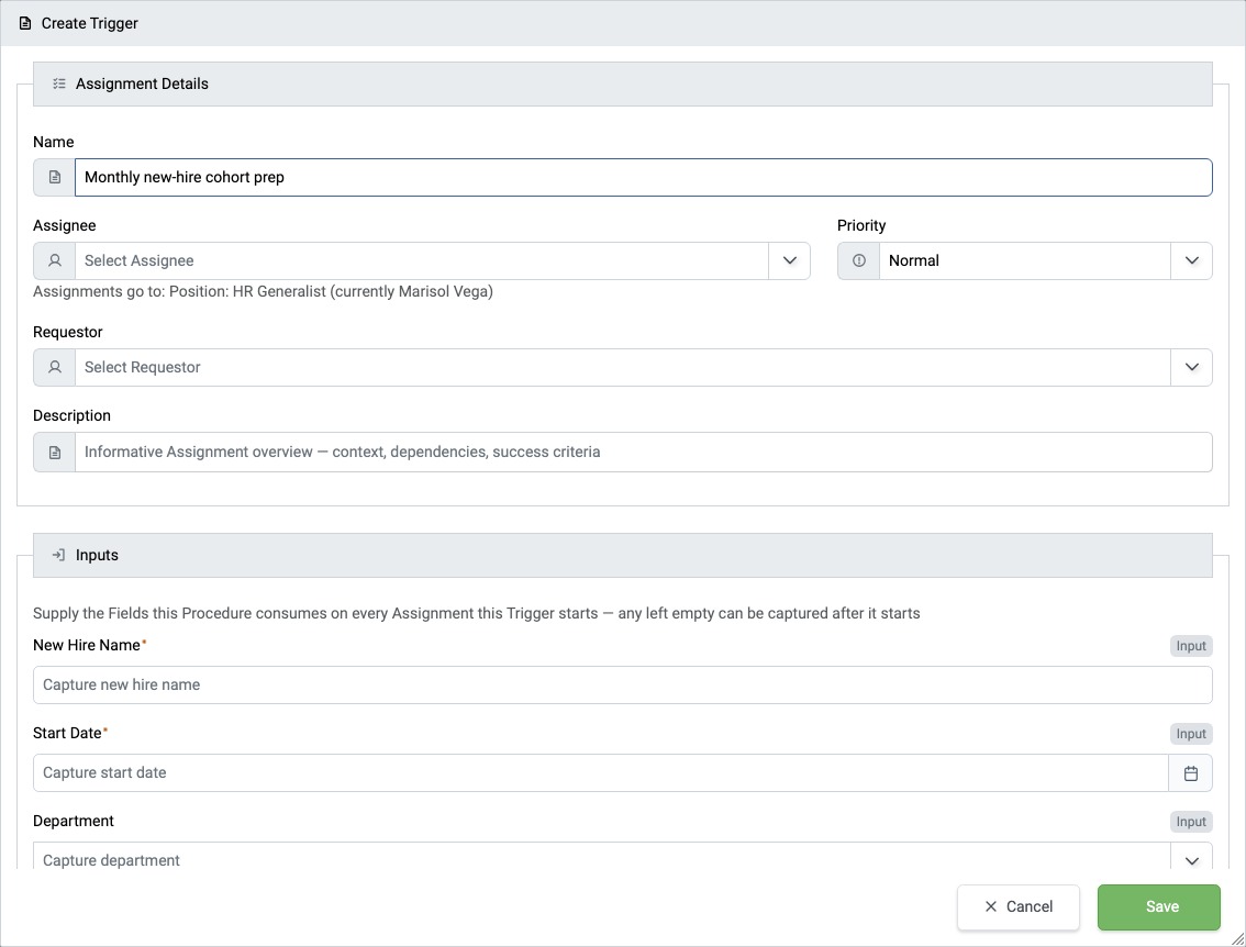Create Trigger dialog with Assignment Details and Inputs