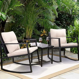 BEIGE Greesum 3 Pieces Rocking Wicker Bistro Set, Patio Outdoor Furniture Conversation Sets with Porch Chairs and Glass Coffee Table, Beige
