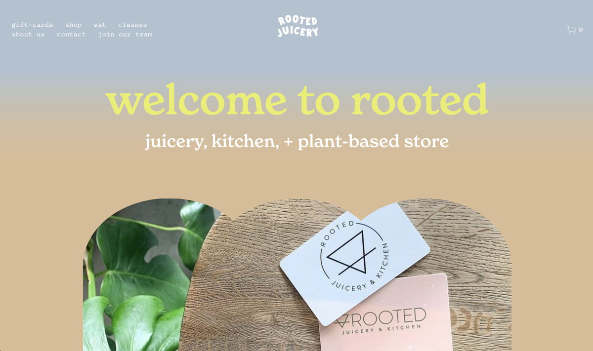 Screenshot of Rooted Juicery, from the ecommerce websites collection.