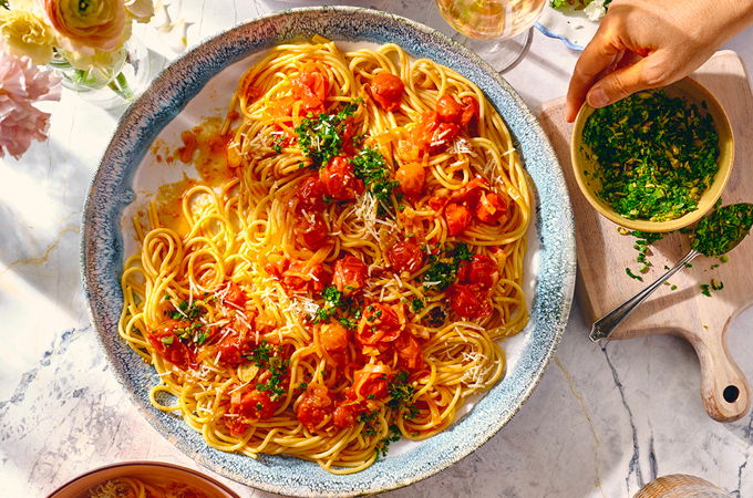 Confit Cherry Tomato Pasta with Gremolata