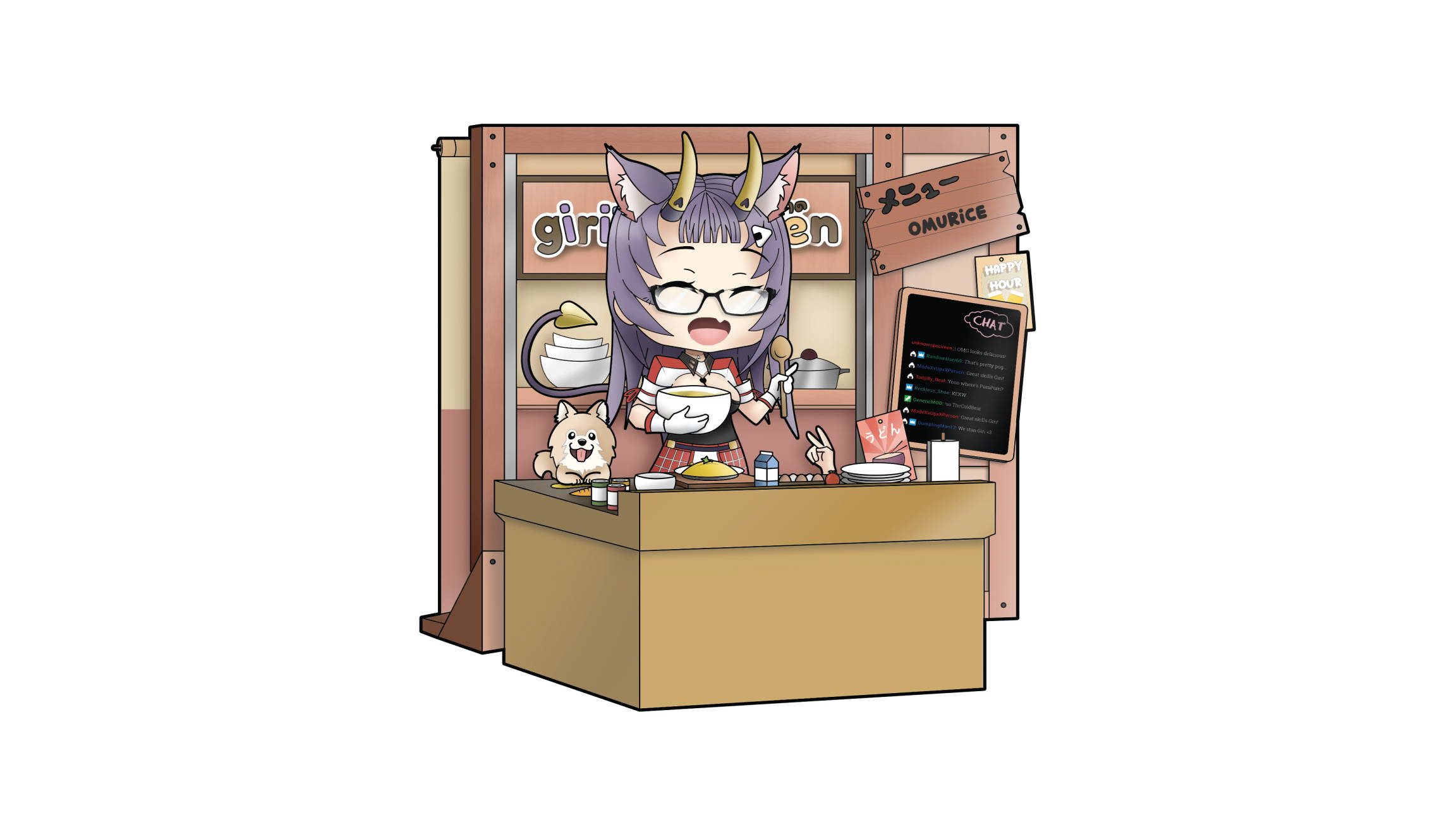a cartoon of onigiri cooking in a kitchen with her dog Pom nearby