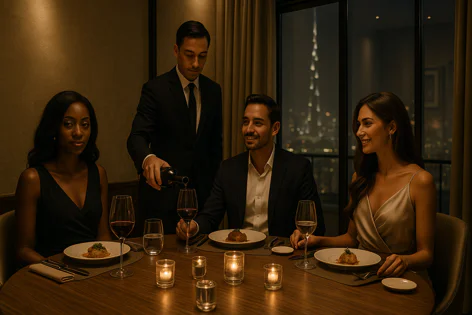 A waiter pours wine for guests enjoying fine dining at a table with food and candles. A stunning city skyline view at night is visible through the window.